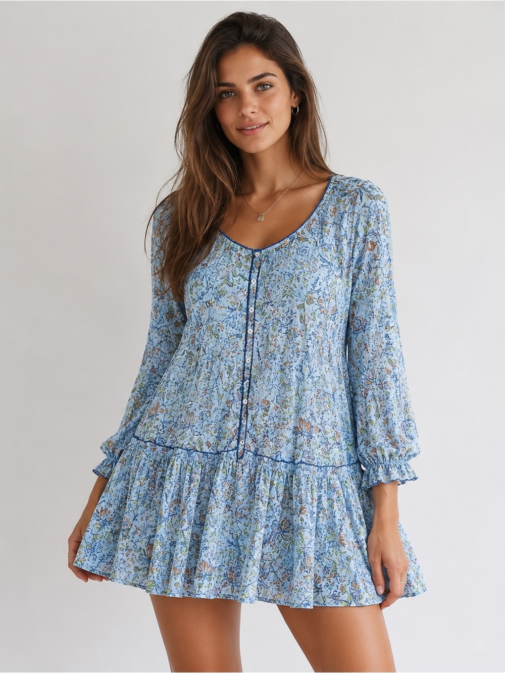 Poupette St Barth Tesorino Dress M/L Long Sleeve Mini Floral Tiered Resort Flowy
